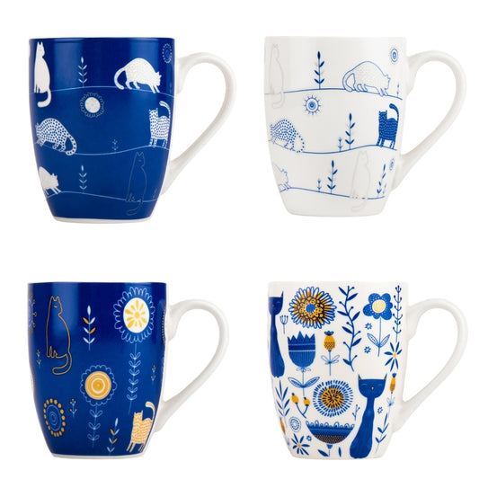 MHOME Coffee Mug Set Blue Cat -4pc Set