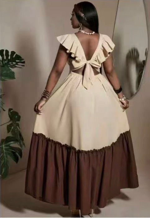 Ladies Two-Tone Ruffle-Sleeve Tiered Maxi Dress-Various Colours