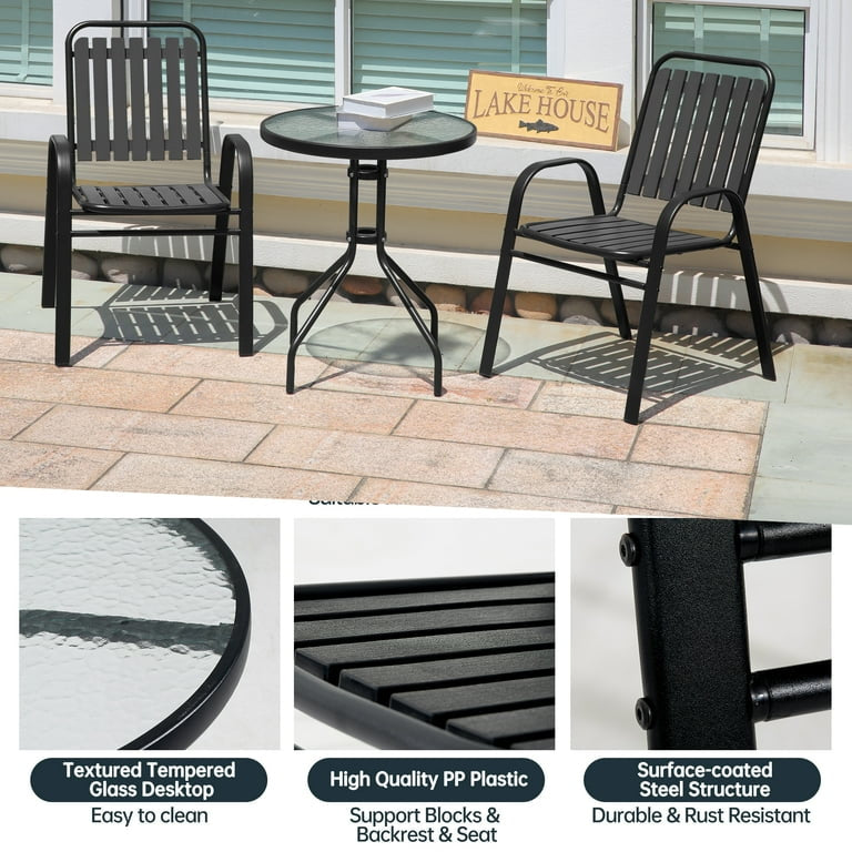 MFurn Dwight 3-Piece Outdoor Bistro Patio Set – Metal & Glass Table with 2 Chairs (Black)
