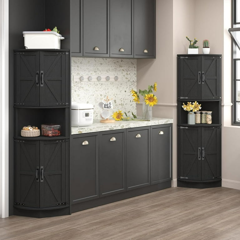 MFurn Farmhouse Storage Corner Cabinet with 4 Barn Style Doors and 5 Storage Shelves, Corner Storage Cabinet for Kitchen, Living Room-Various Colours-Pre-Order Now Available