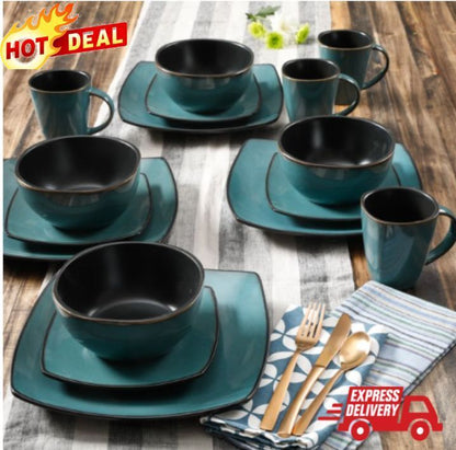 DINNERWARE SET 16-Piece Plates Bowls Mugs Dishes Stoneware Square Dinner Kitchen