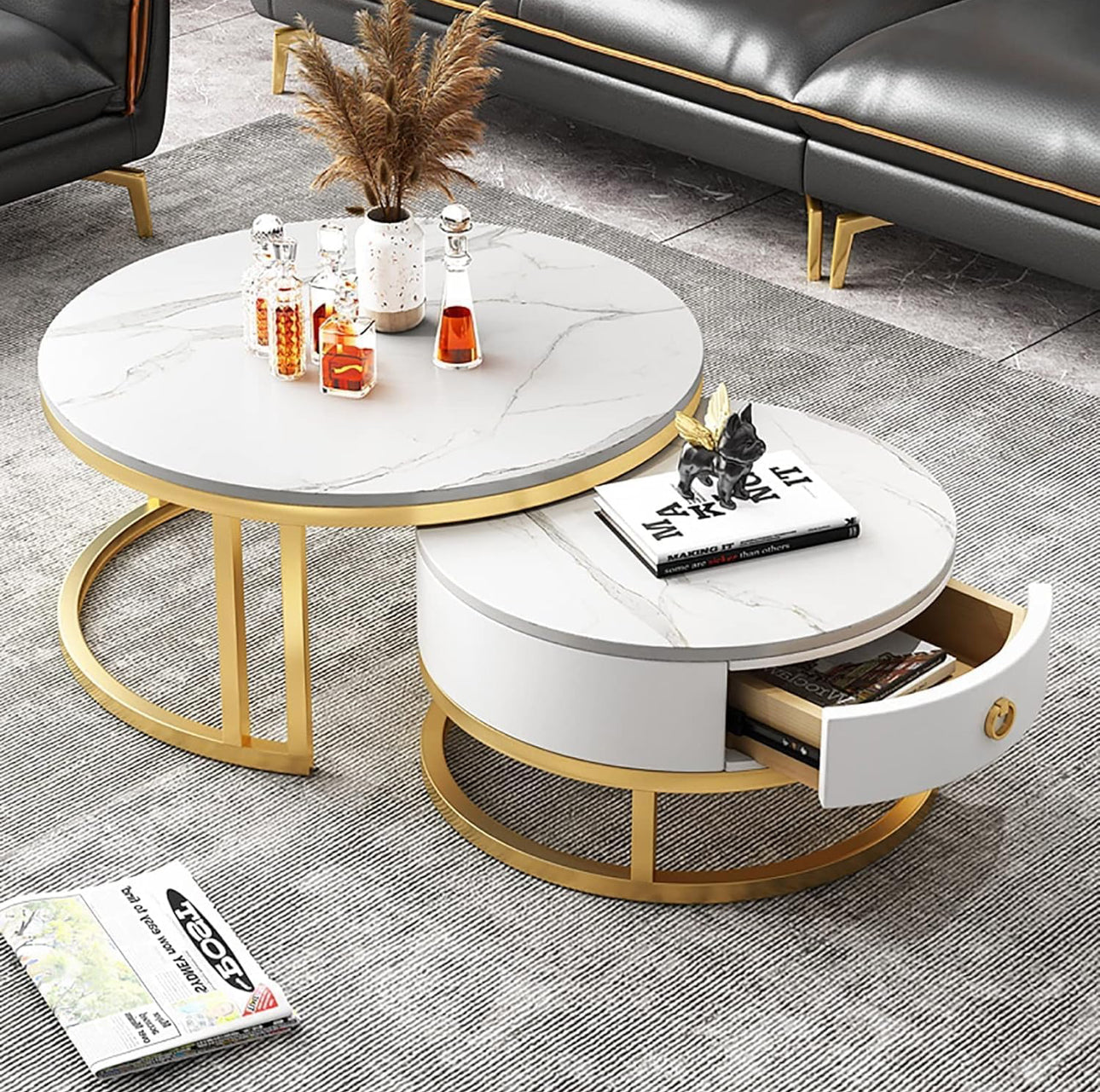 MFURN 2pc Nesting Modern Table Set – Marble Look with Storage Drawer