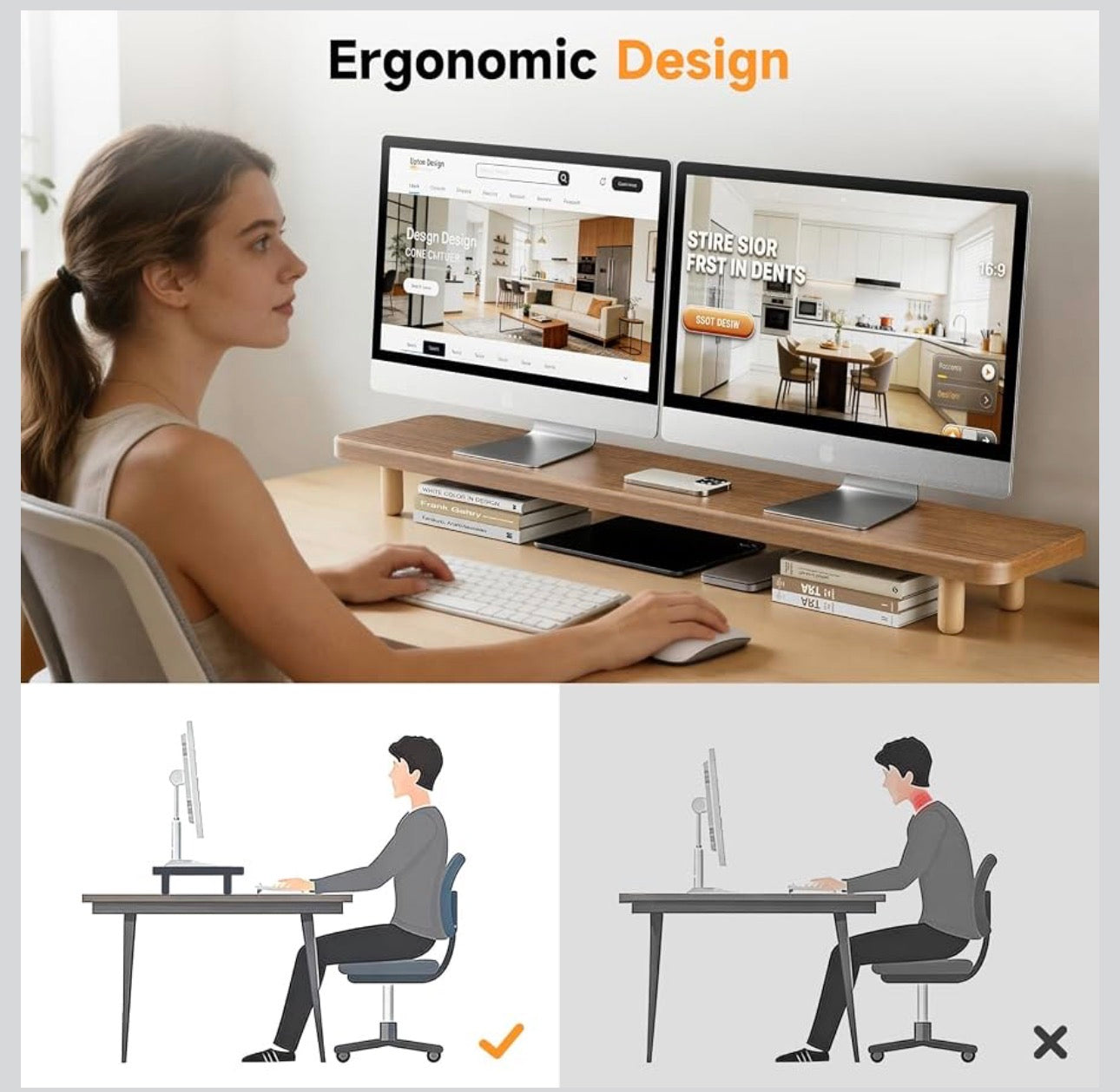 MFURN Dual Monitor Stand Riser, 39 Inch Extra Long Wooden Desktop Monitor Riser with Storage for 2 Monitors Ultra Strong Desk Shelf Organizer Riser Ergonomic for 2 Screens/Laptop/PC/TV/Printer