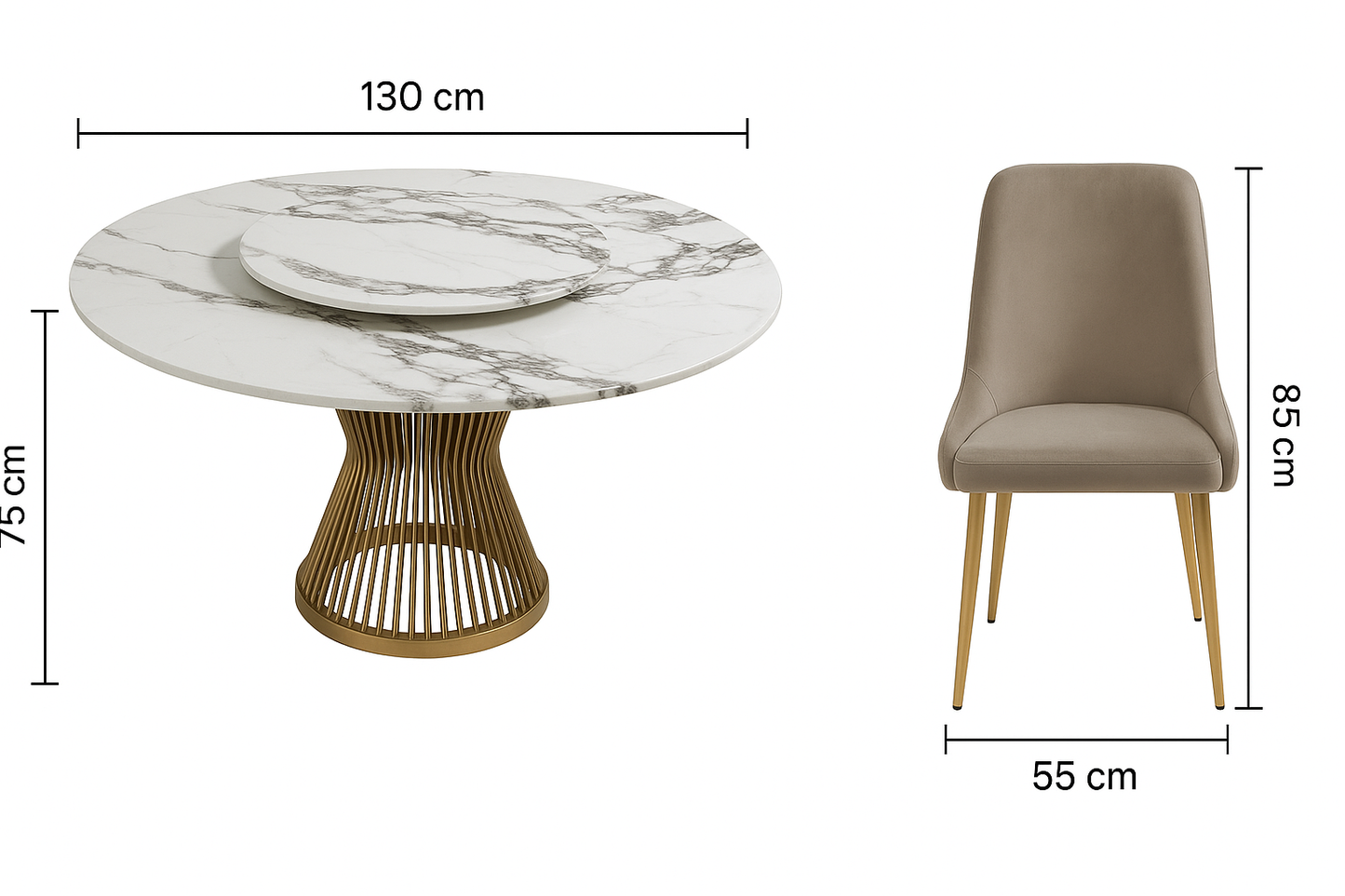 MFurn 6-Seater Marble Top Dining Table Set with Velvet Chairs and Gold Legs