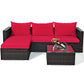 MFurn Kail Inspired 5-Piece Rattan Patio Sofa Set with Red Cushions & Ottoman