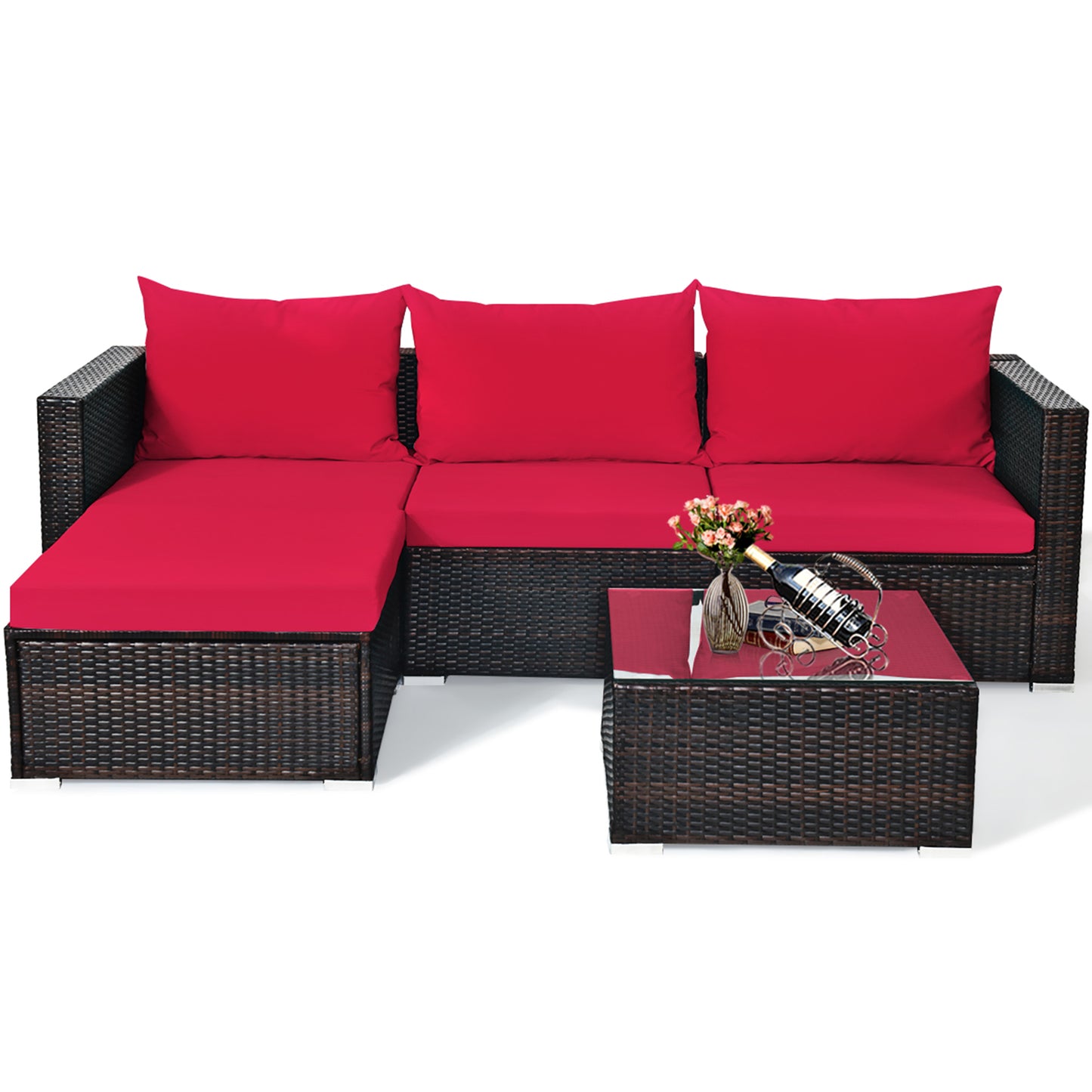 MFurn Kail Inspired 5-Piece Rattan Patio Sofa Set with Red Cushions & Ottoman