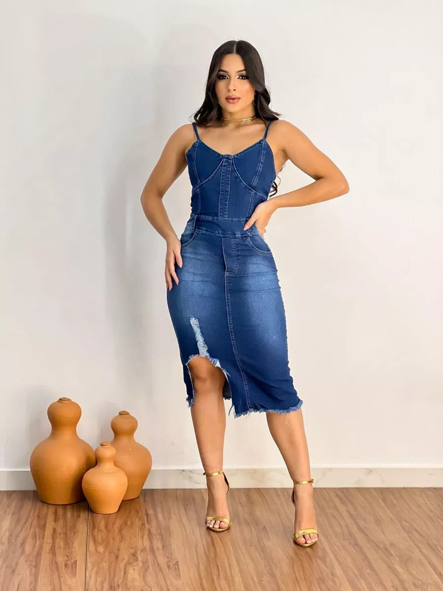 Ladies Denim Dress, Medi Length With Frayed Hem