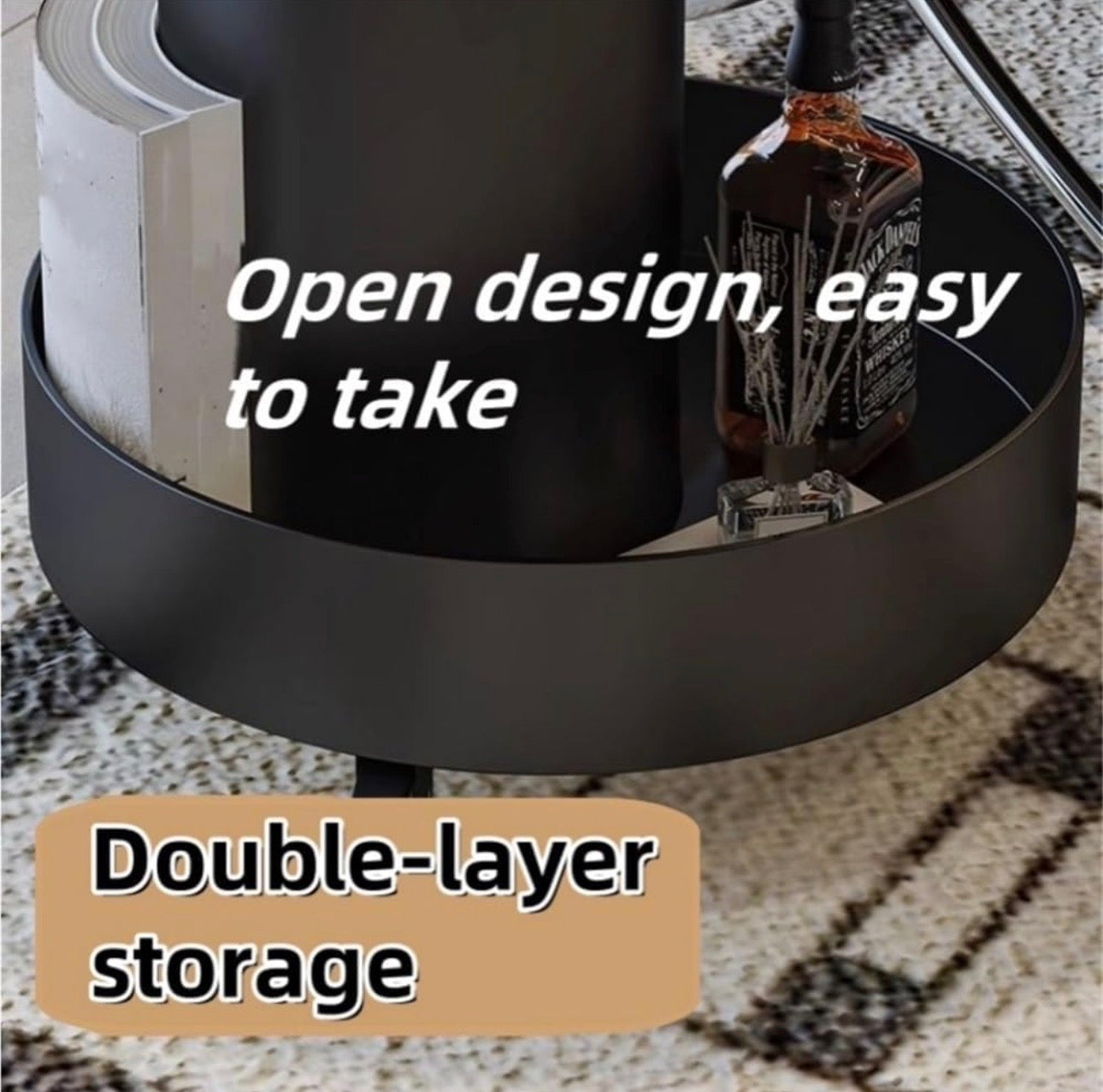 MFURN Double Layer Storage Coffee Table, End Table with Universal Wheel, Movable Round Coffee Table, Iron Side Table with Tempered Glass
