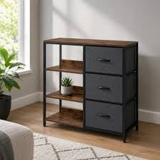 MFURN Narrow Fabric Chest of Drawers, Fabric Dresser with 3 Folding Drawers, 3 Open Shelves and Wide Top, Dresser for Bedroom, Living Room and Hallway, Walnut, Light Gray & Dark Gray Options