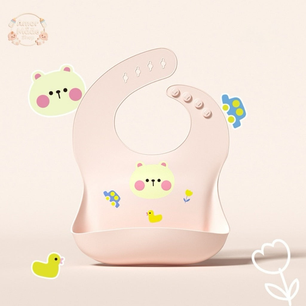 Baby Waterproof Silicone Bib with Crumb Catcher – Cute Bear Design