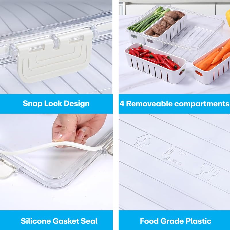 MHome Divided Fridge Storage Container – 4-Compartment Stackable Organizer