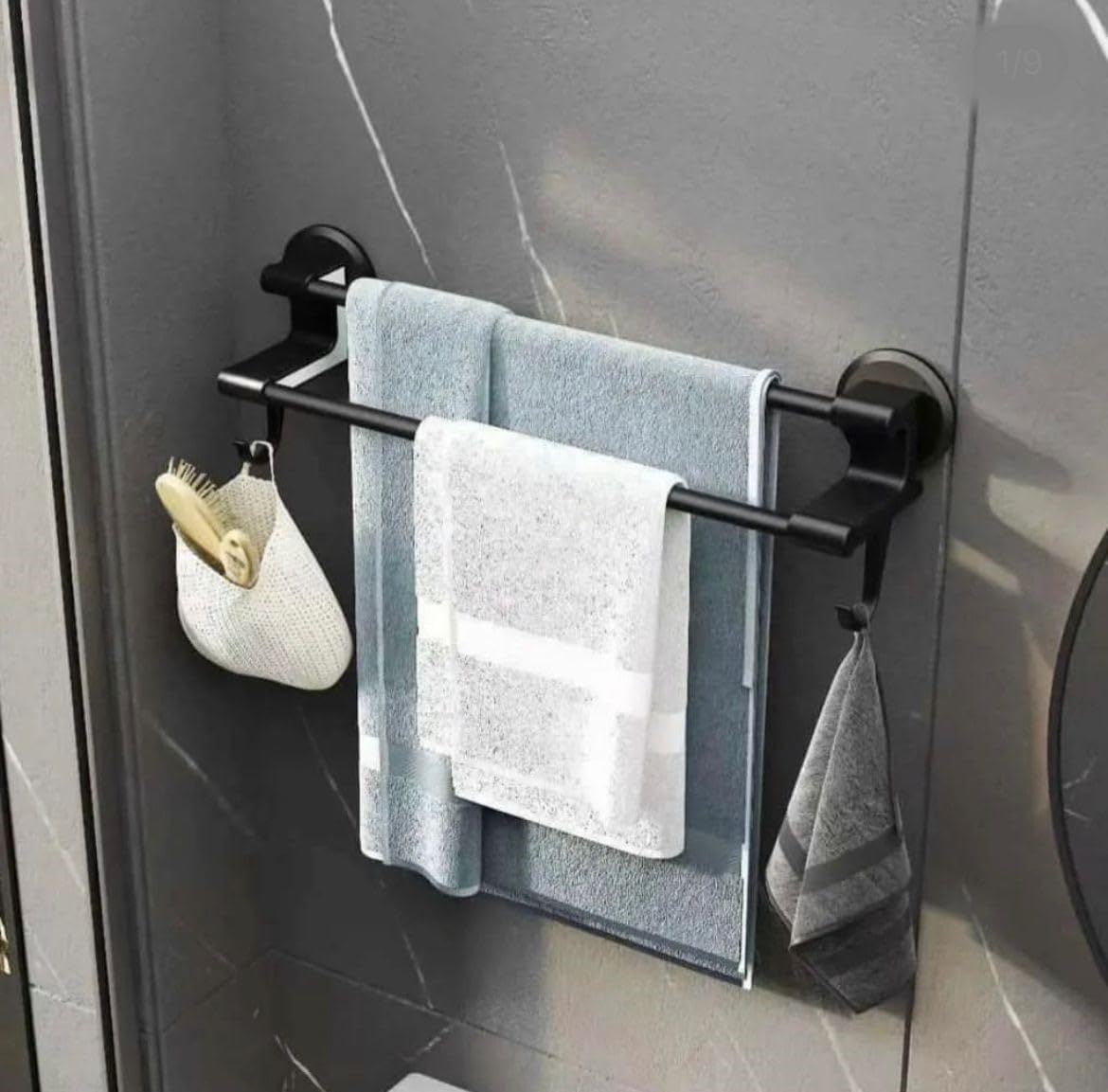 MHome 50cm Bathroom Towel Rack – Nail-Free Double Pole Storage Rack with Hooks & Slipper Bracket