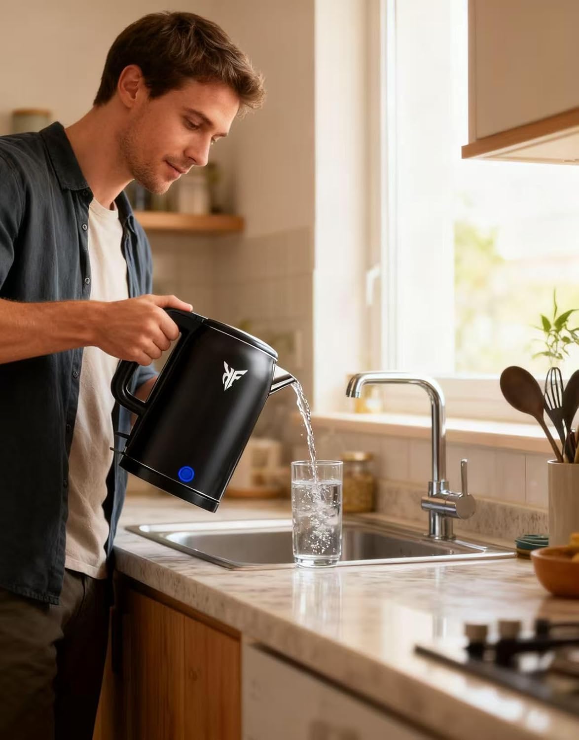 KF Electric Kettle 1.8L – 304 Stainless Steel, Matte Black, Touch Control, Fast Heating