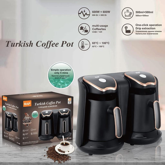 RAF R.109 Dual Turkish Coffee Maker – 2-Cup Electric Coffee & Tea Machine with Smart Anti-Overflow Sensor, 1200W, Reusable Filter
