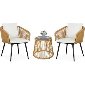 MFURN Caleb 3Piece Patio Bistro Set, Wicker Outdoor Patio Set with Enhanced Comfort Seating, Round Glass Top Coffee Side Table, Patio Rattan Conversation Set for Balcony, Lawn, Garden, Backyard