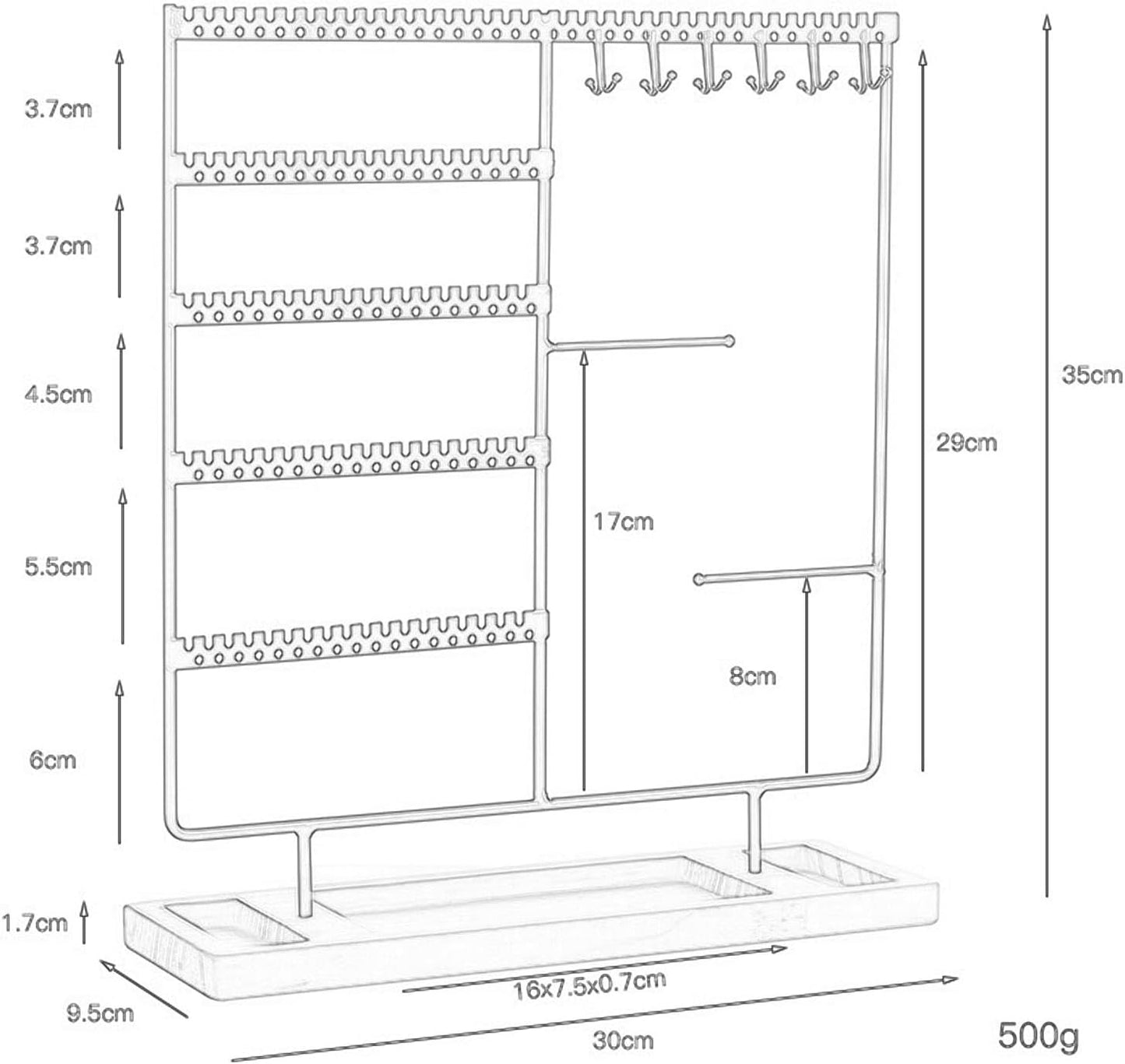 Jewelry Organizer – 5 Tier Earring Holder with 90 Holes & 2 Metal Bars | Wooden Base Display Stand