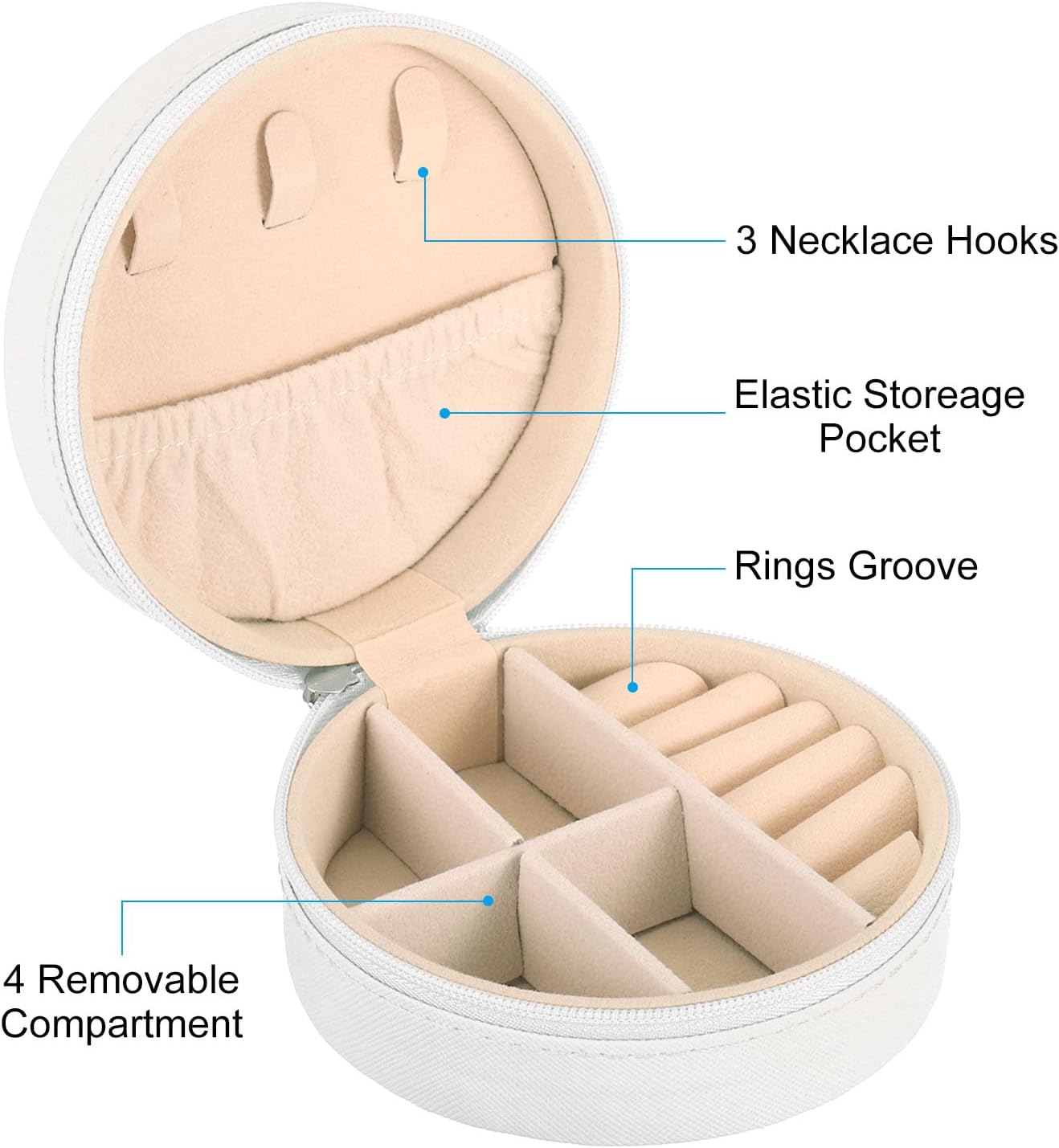 Travel Jewelry Case for Women – Small Round Faux Leather Organizer for Rings, Earrings & Necklaces
