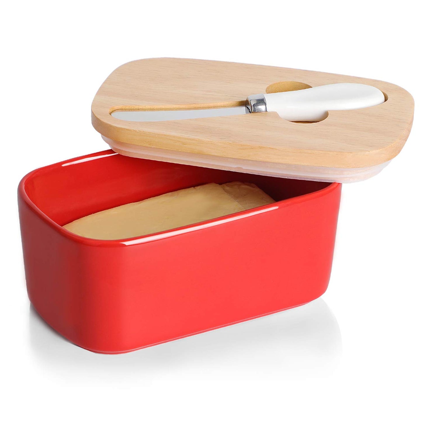 MHome Ceramic Butter Dish with Bamboo Lid and Stainless Steel Knife