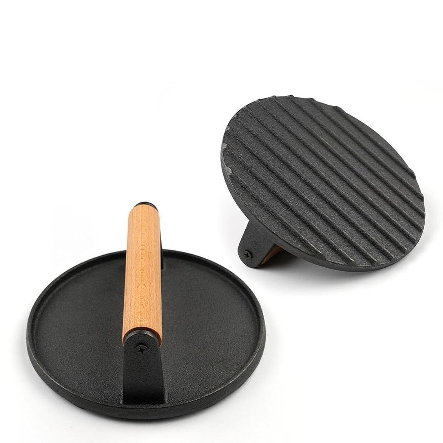 MHome Cast Iron Burger Press – Round Hamburger Patty Maker with Wooden Handle