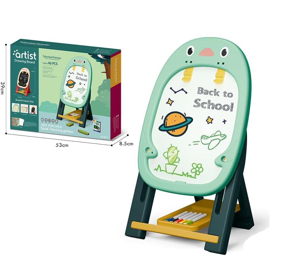 Kids Adjustable Easel Vertical Double-Sided Kids Magnetic Drawing Board With Shelf – 46-Piece Art Set