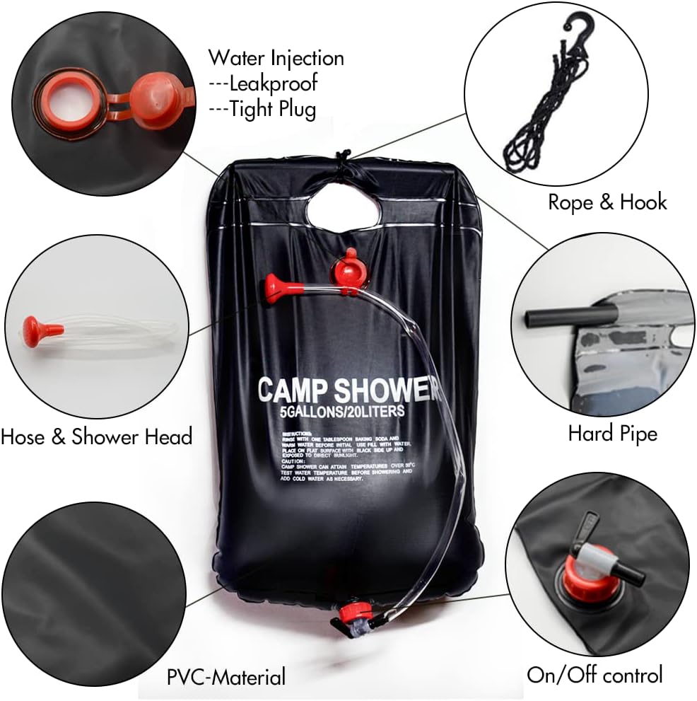 Portable Solar Heated Camp Shower Bag 20L – Outdoor PVC Shower with On/Off Switch & Temperature Heating up to 50°C