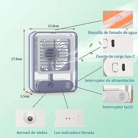 Portable Desk Fan with Night Light, 3 Speed with Spray
