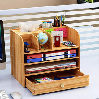 Storage Zone Multi-Compartment Wooden Desktop Stationery Organiser
