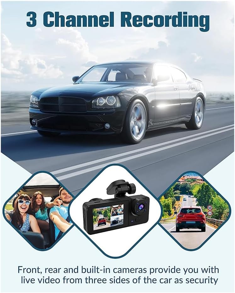 1080P 3-Lens Car Dash Camera – Front, Rear & Inside DVR with Night Vision, G-Sensor & 24H Parking Record