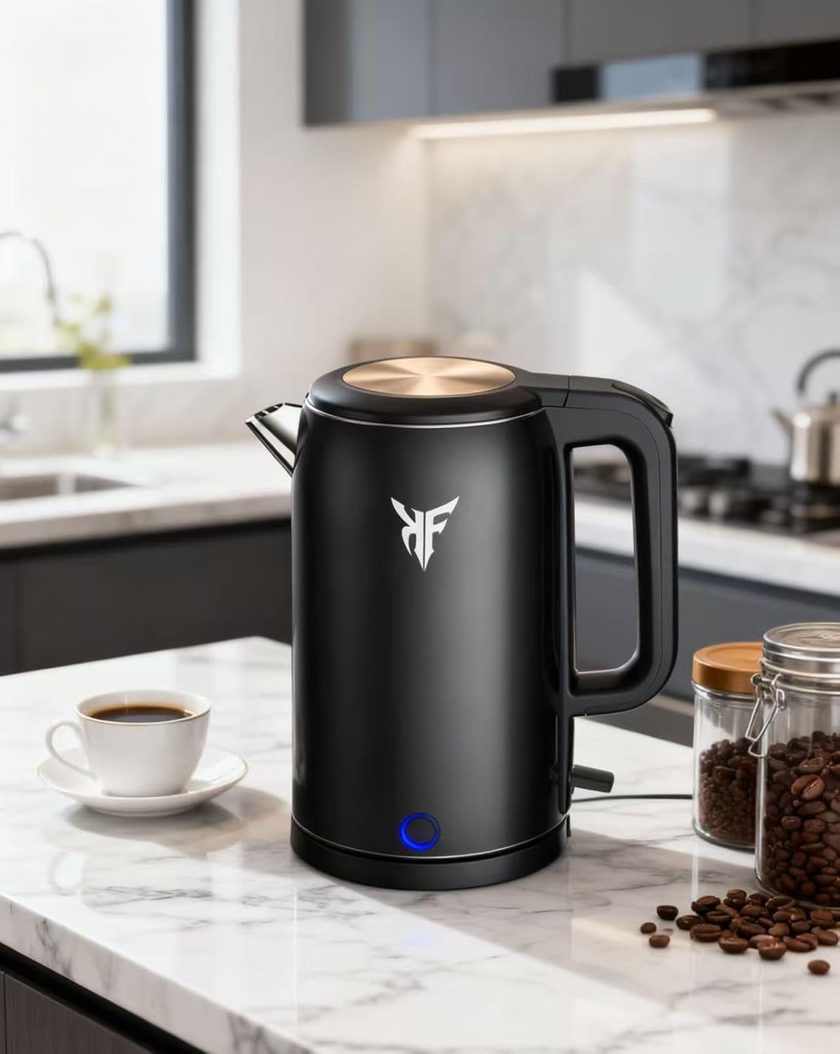 KF Electric Kettle 1.8L – 304 Stainless Steel, Matte Black, Touch Control, Fast Heating