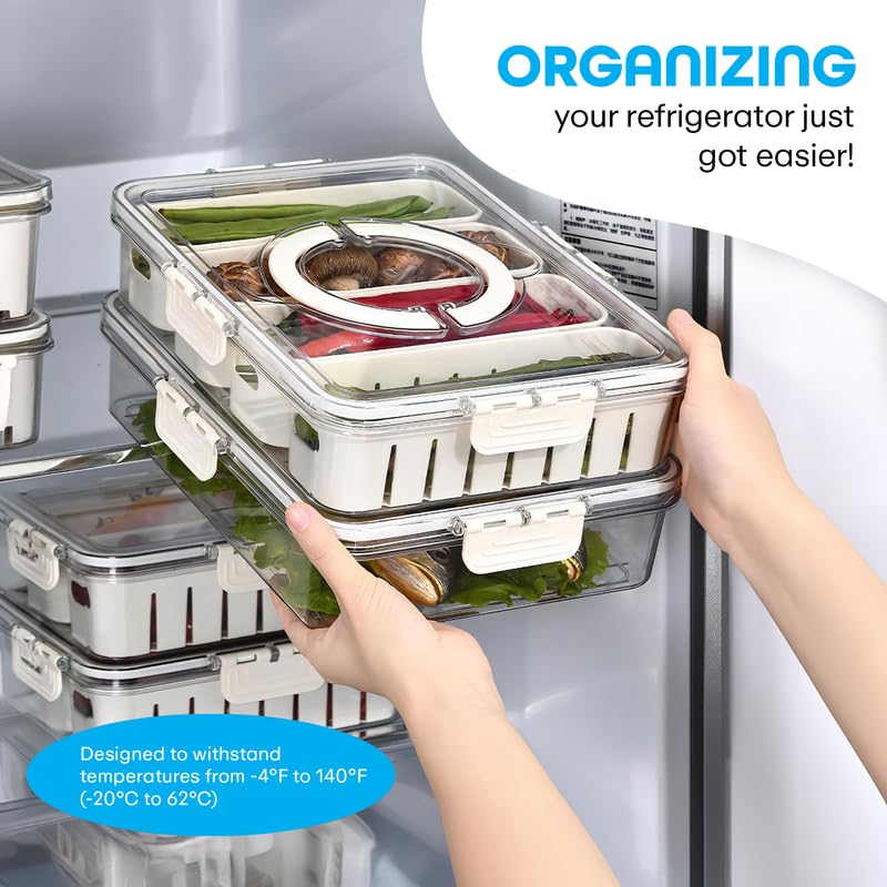 MHome Divided Fridge Storage Container – 4-Compartment Stackable Organizer