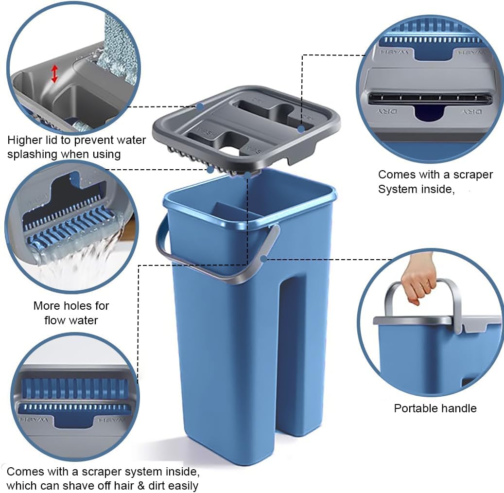 MHome Mop with Bucket – Flat Microfiber Mop with Self-Clean System (Blue)