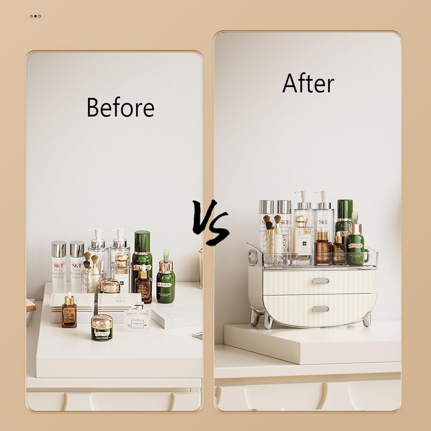 2-Drawer Vanity Organiser with Removable Top Tray – Makeup & Skincare Storage