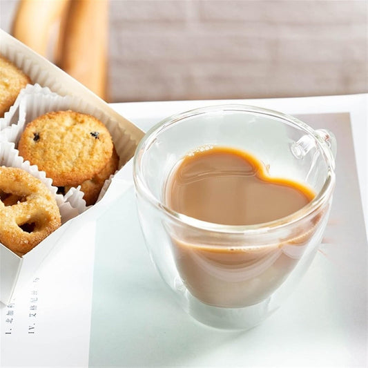 MHome Heart Shaped Double Wall Glass Coffee Mug 250ml Heat Resistant Cup