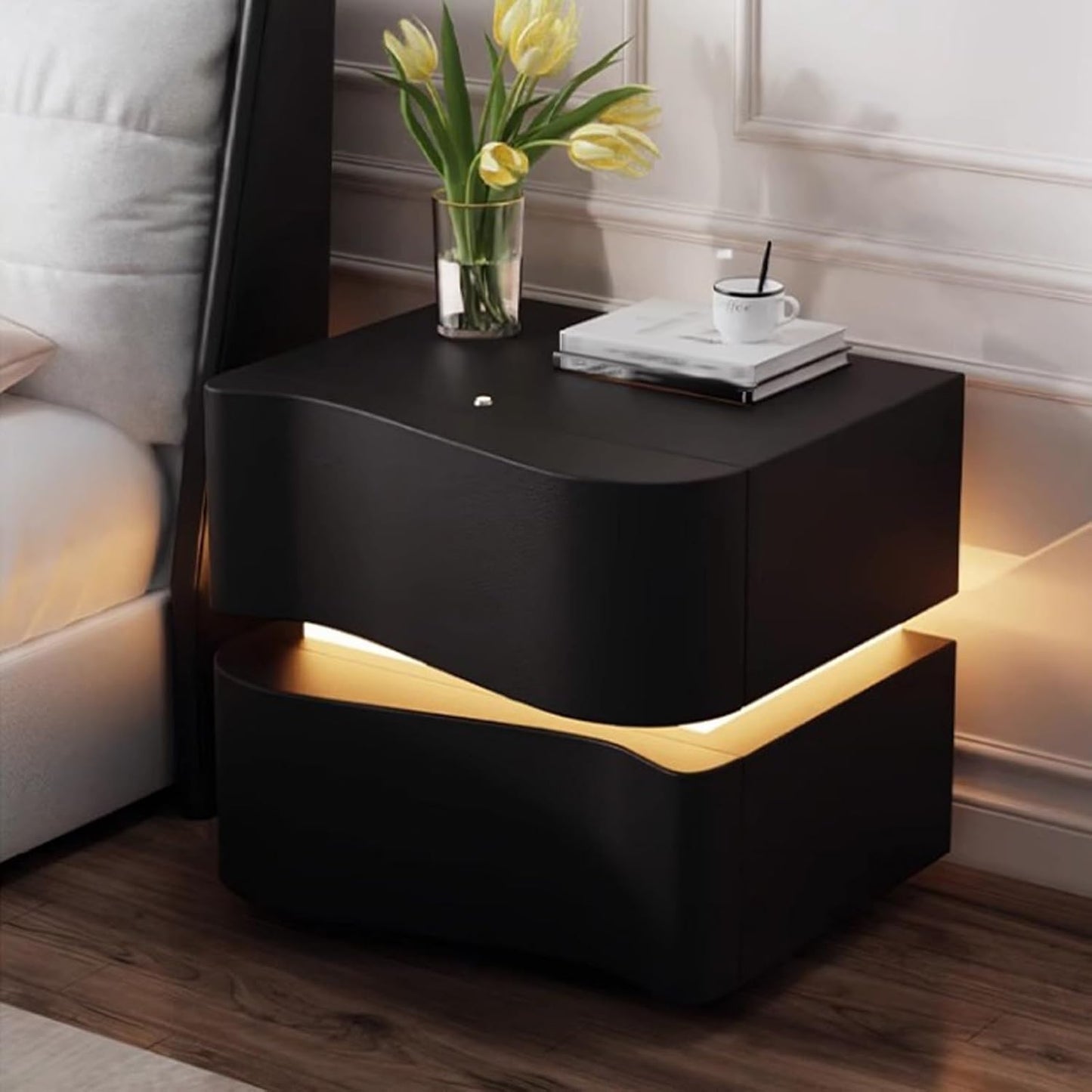 MFurn LED Light 2-Drawer Bedside Table – Modern Wooden Nightstand with Storage