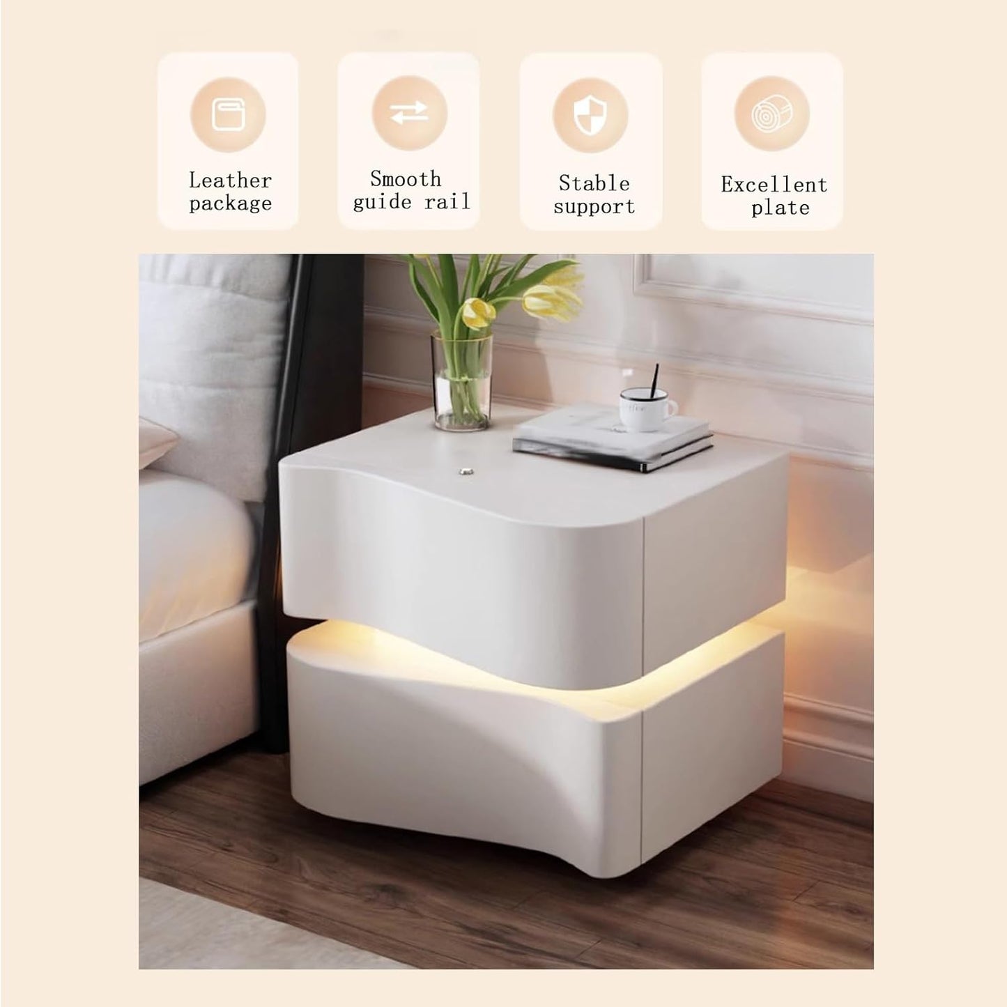 MFurn LED Light 2-Drawer Bedside Table – Modern Wooden Nightstand with Storage
