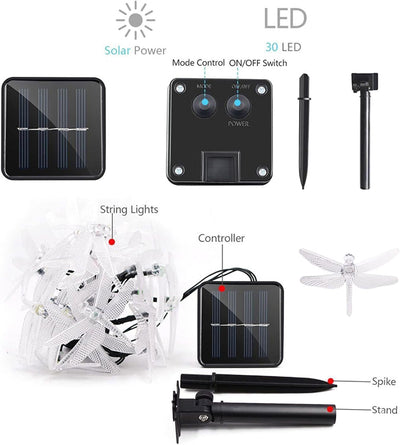 Solar Dragonfly String Lights, 5m with 20 LEDs, Multicolour Outdoor Decoration