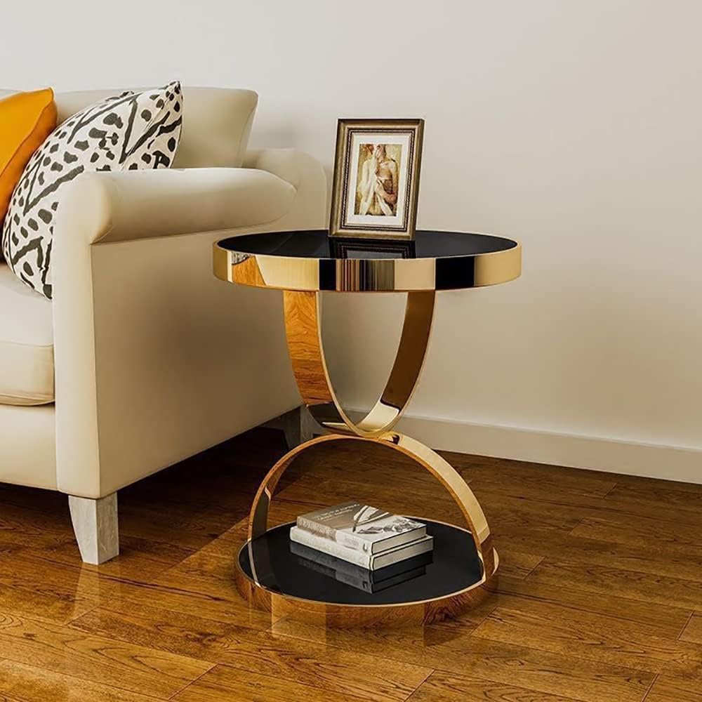 MFurn Gold Round End Table with 2-Tier Tempered Glass Storage Shelf