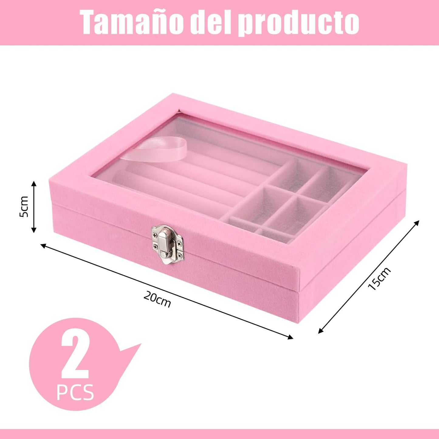 MBEAUTY Velvet Jewelry Organiser Box with Glass Lid & Adjustable Compartments