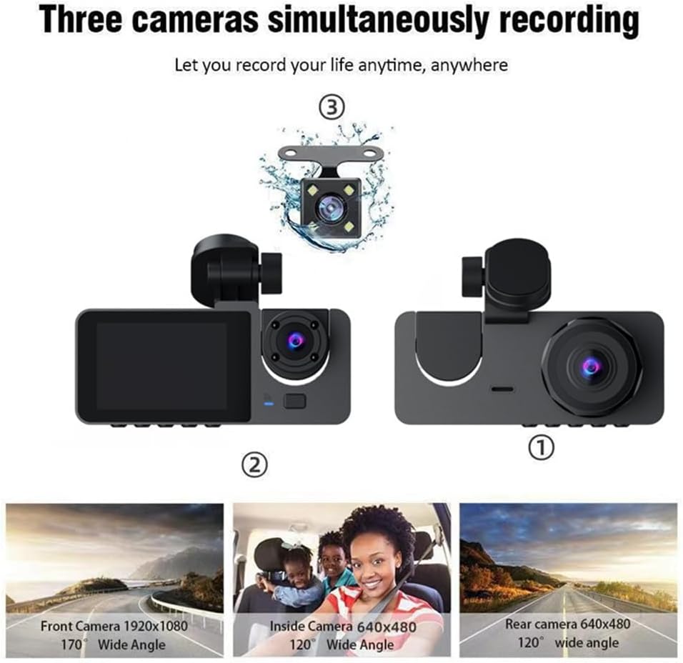 1080P 3-Lens Car Dash Camera – Front, Rear & Inside DVR with Night Vision, G-Sensor & 24H Parking Record