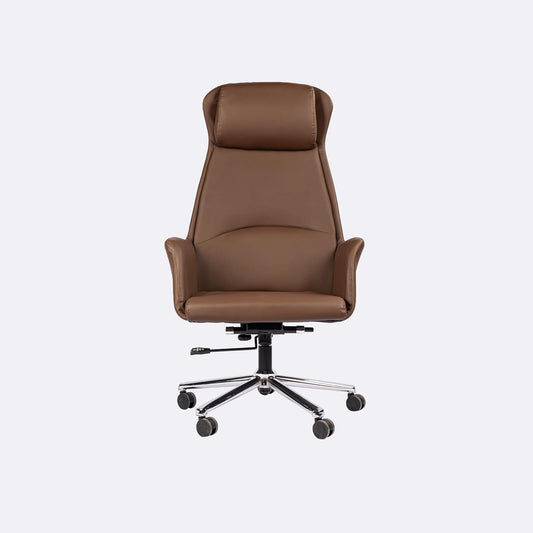 MFurn High Back Executive Office Chair – Brown Faux Leather Ergonomic Chair with Chrome Base