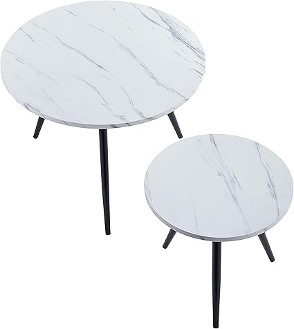 Living Room Furniture Set of 2 Round Coffee Tables with Marble Effect Top