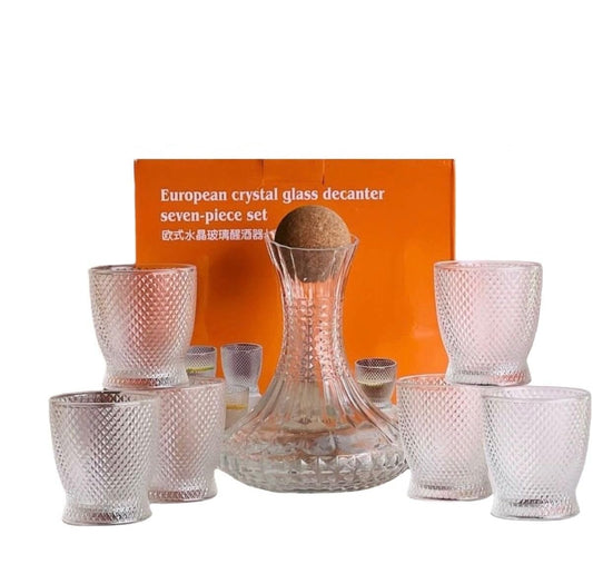 MHome 7-Piece Hammered Borosilicate Glass Water Set with Bamboo Lid – 1.6L Pitcher & 6 Glasses