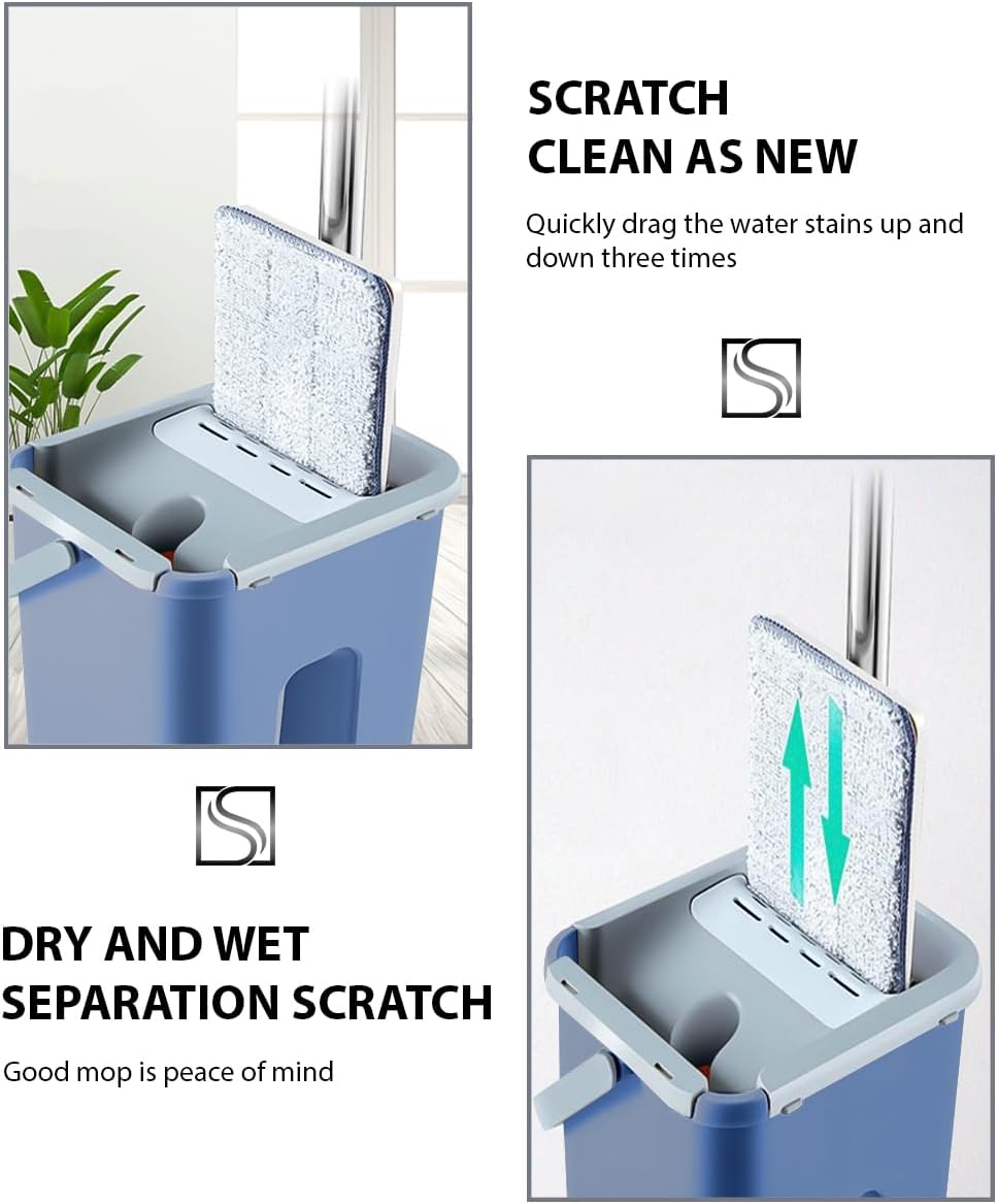 MHome Mop with Bucket – Flat Microfiber Mop with Self-Clean System (Blue)