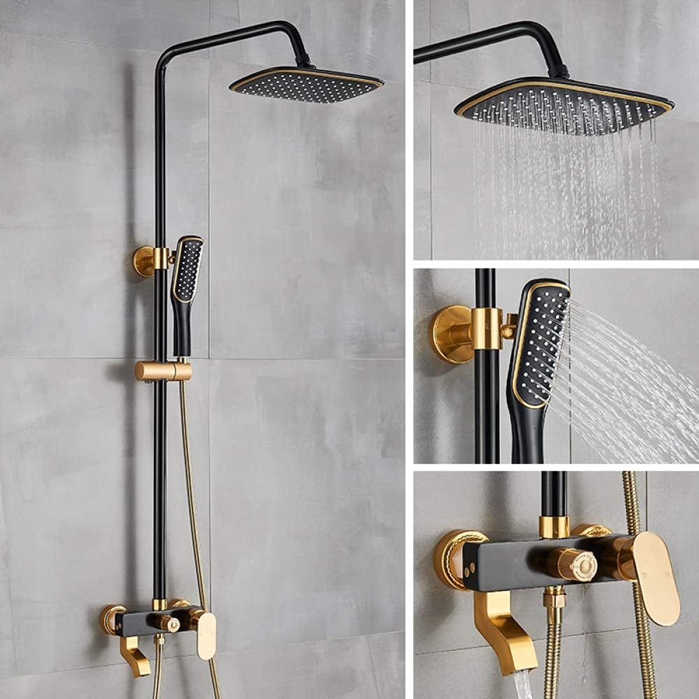 MHome Wall Mounted Bathroom Shower Set Black+Rainfall Shower Head+ Hand Held Spray Tap