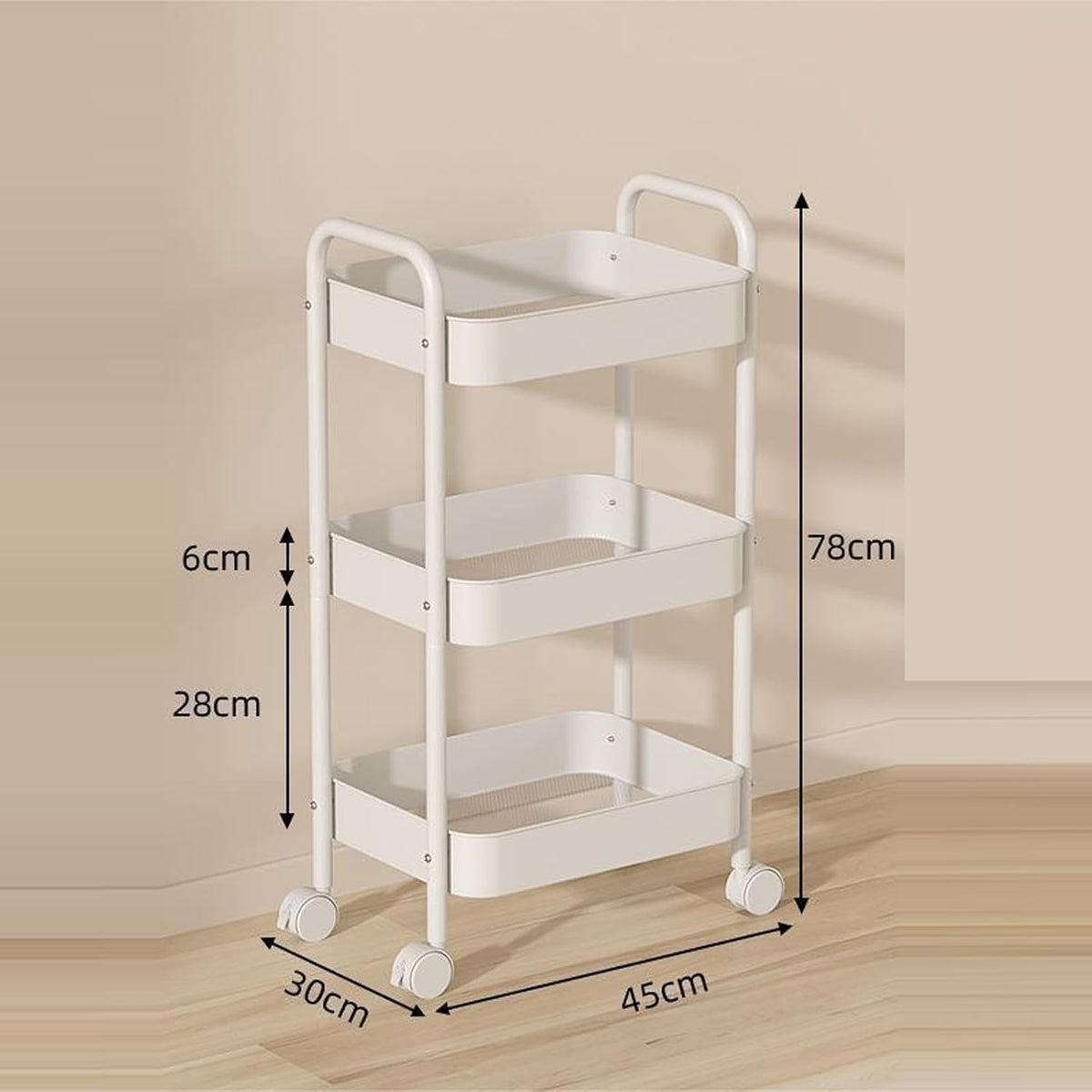 MHome 3 Tier Rolling Storage Cart with Wheels, Carbon Steel, 45x30x78cm
