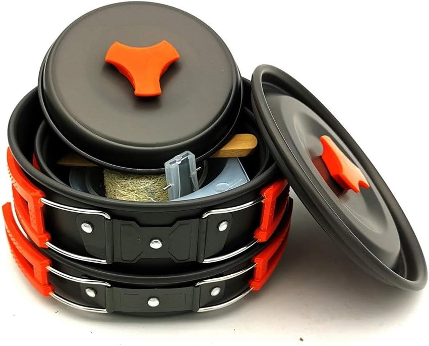 Folding Camping Cookware Set – Lightweight Non-Stick Aluminium Pot, Pan & Kettle with Folding Handles – 9-Piece Outdoor Cooking Kit