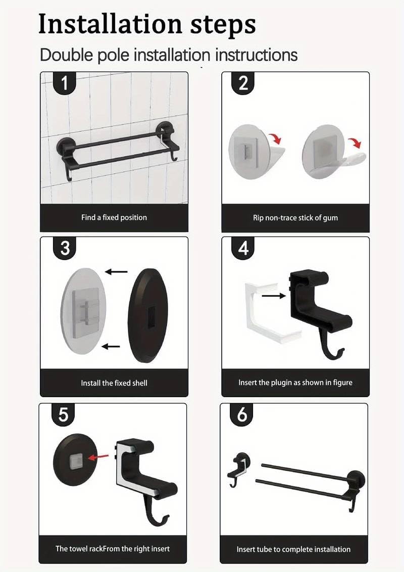 MHome 50cm Bathroom Towel Rack – Nail-Free Double Pole Storage Rack with Hooks & Slipper Bracket