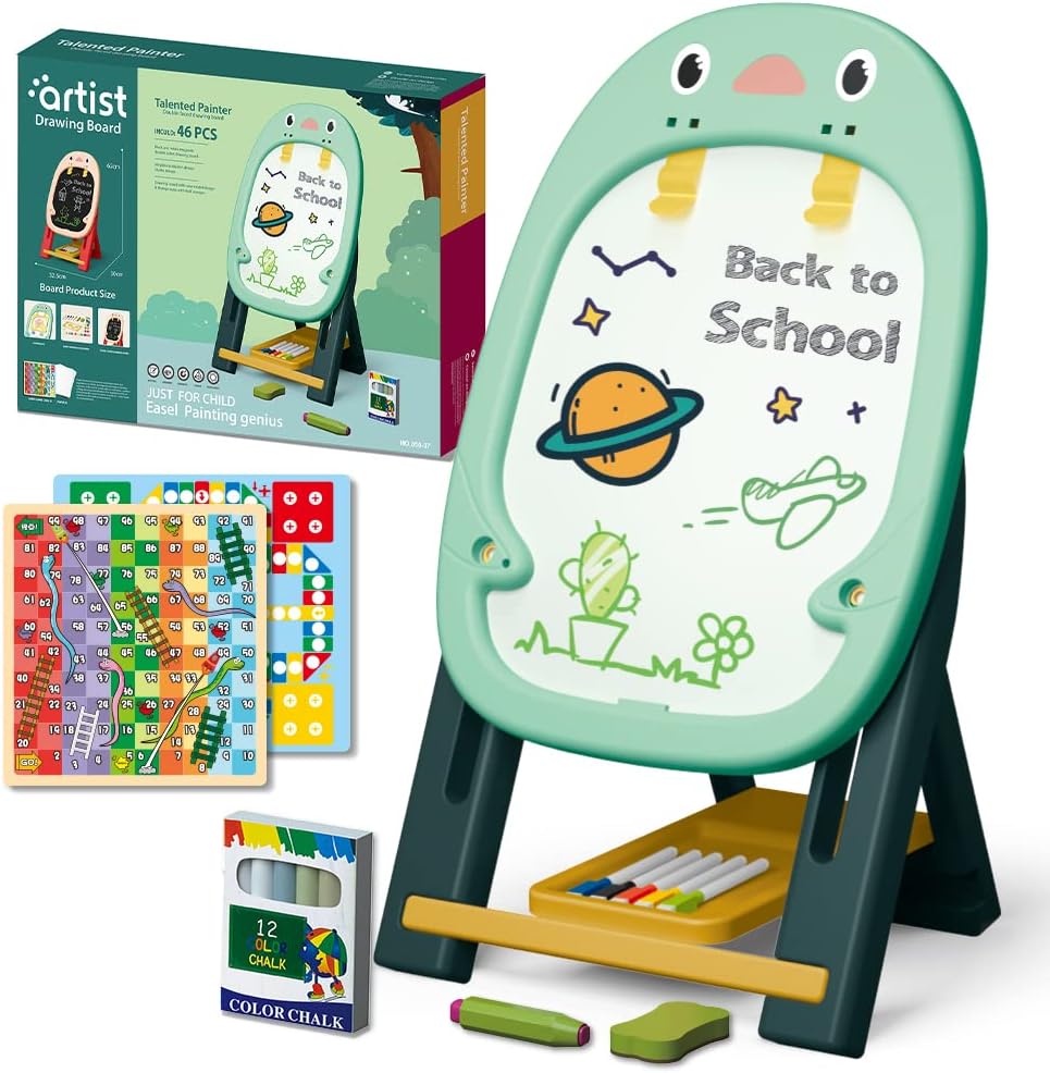 Kids Adjustable Easel Vertical Double-Sided Kids Magnetic Drawing Board With Shelf – 46-Piece Art Set