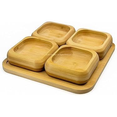 MHome 4-Piece Bamboo Snack Bowl Set – Square Compartment Serving Tray For Snacks, Fruits & Nuts