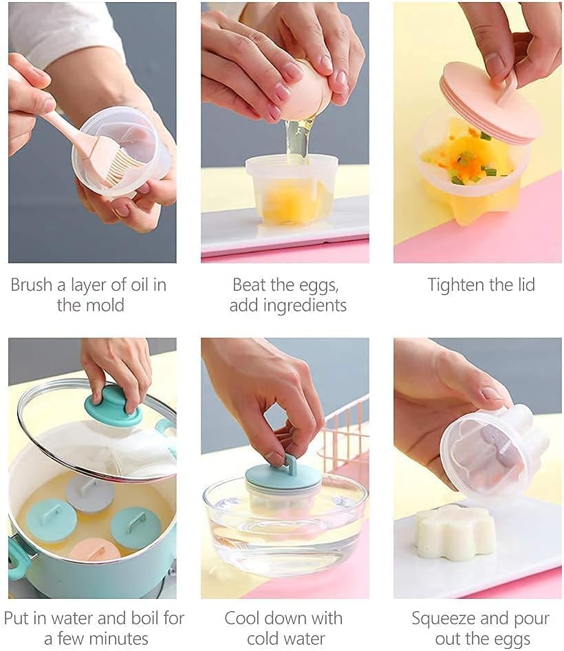 Egg Poacher Cups – 4 Pcs Reusable Egg Molds with Lid & Oil Brush
